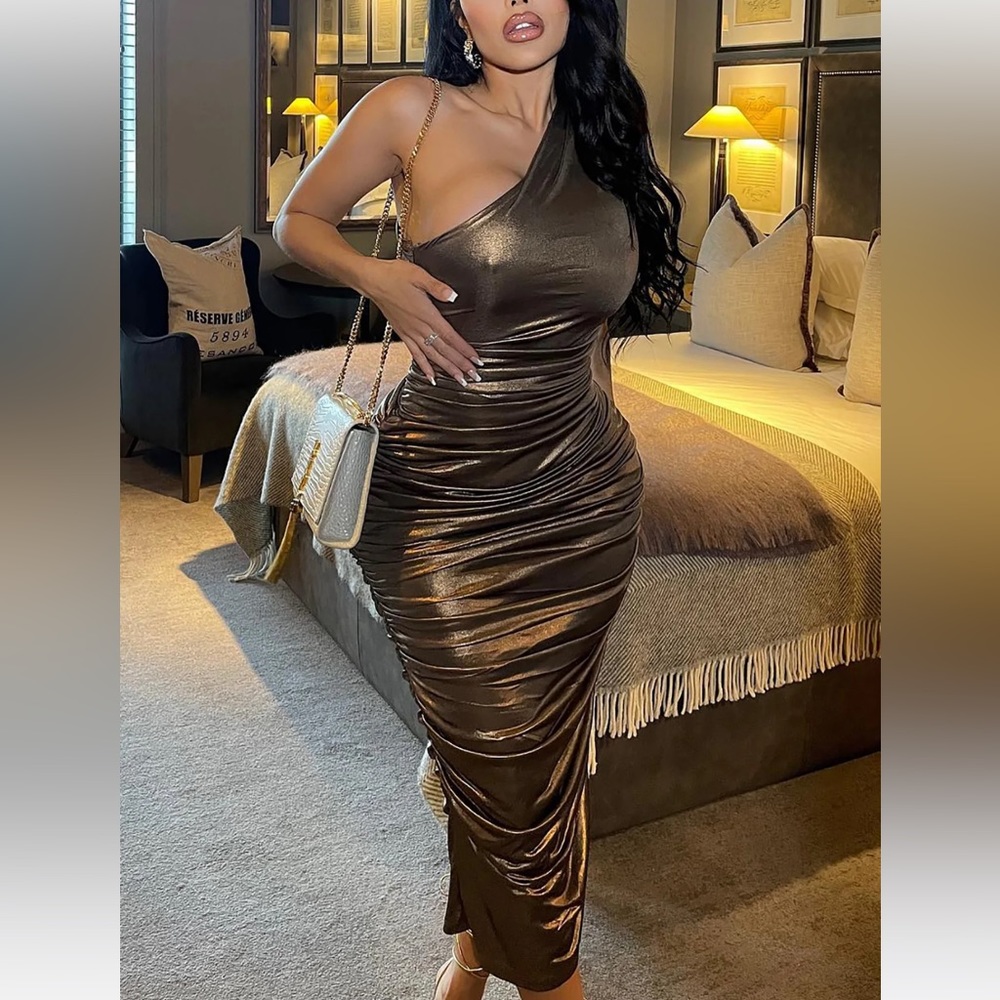 Metallic One Shoulder MIDI Dress